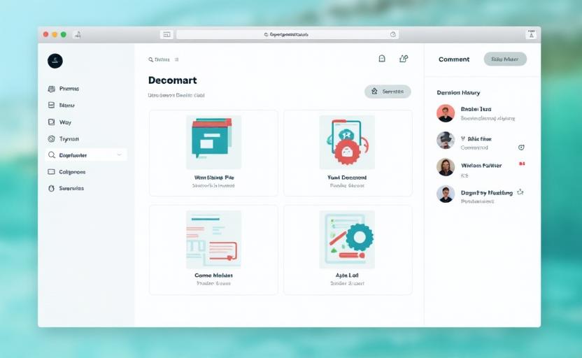 Opencove interface showing asset cards, comment sidebar, and version control features